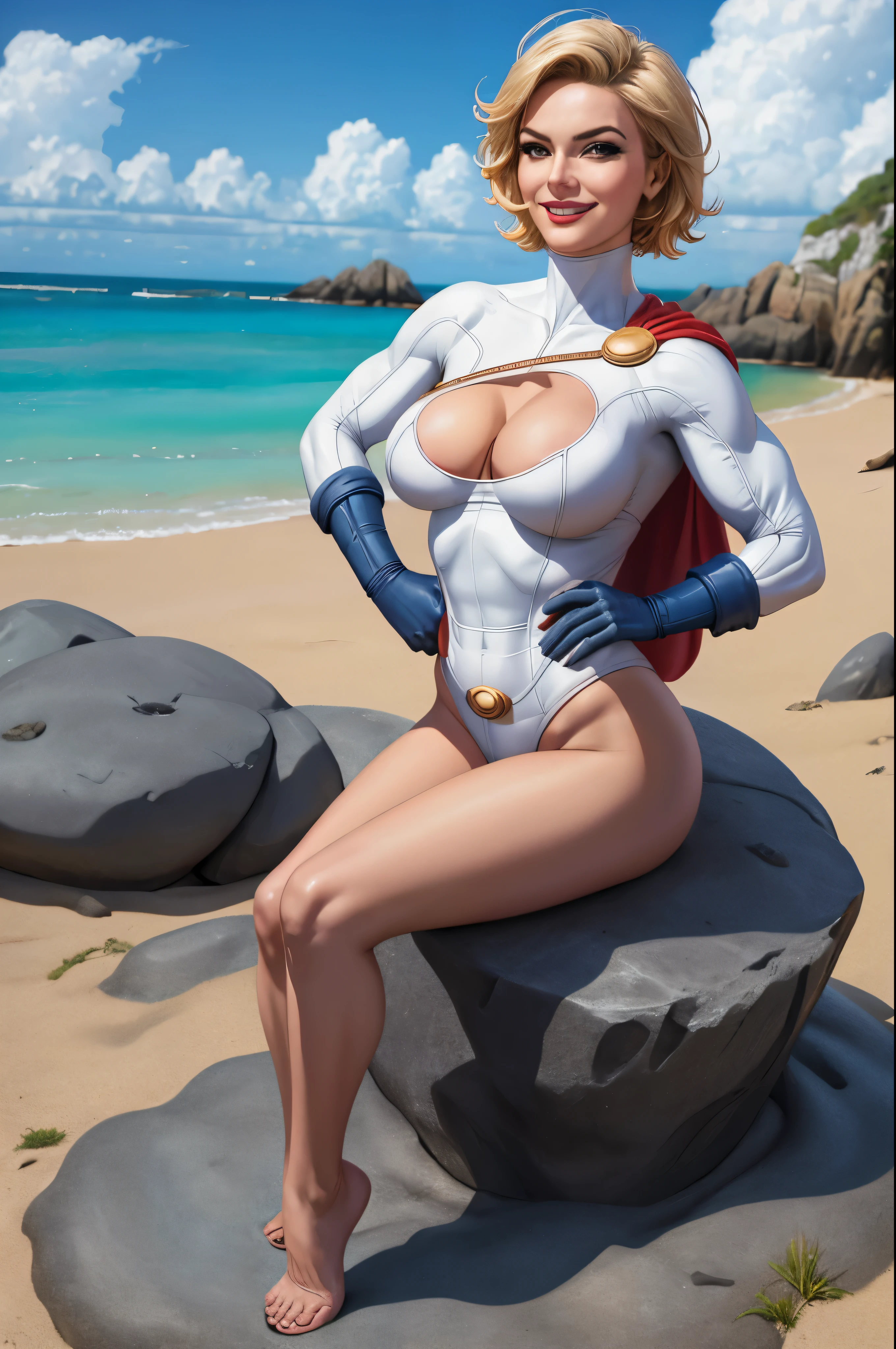cartoon_dc_powergirl_ownwaifu, Power_girl on a deserted rocky beach, smiling, fun, playful, ((glamour)), ((highly detailed)), (((Masterpiece))), (photography), ((realistic))