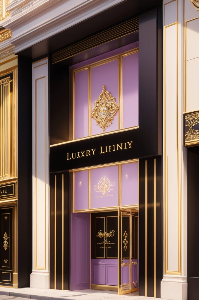 Create the facade of a luxury jewelry store with the name logo and the colors lilac and gold 