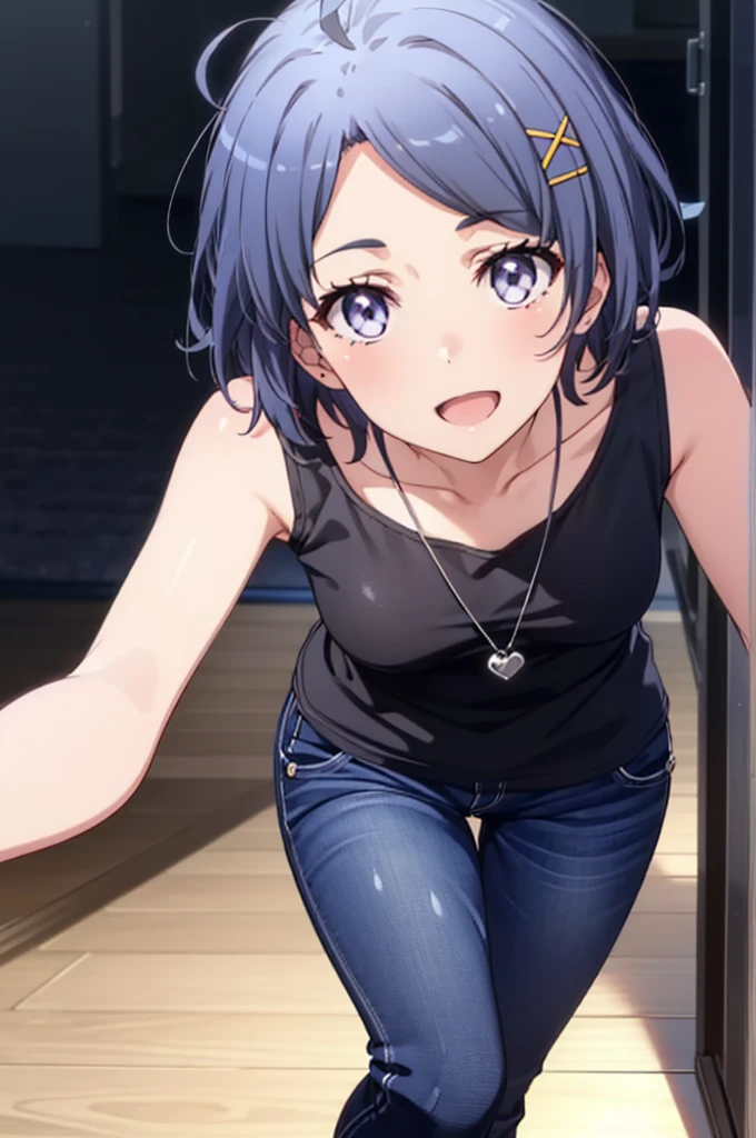 komachihikigaya, komachi hikigaya, short hair, Black Hair, hair ornaments, Ahoge, Hair Clip, x hair ornaments, (Purple eyes:1.1), tooth, happy smile, smile, Open your mouth, black tank top shirt,Locket Necklace,Skinny jeans,Stiletto heels,morning,morning陽,The sun is rising,Walking,whole bodyがイラストに入るように,
break outdoors, Building district,
break looking at viewer,whole body,
break (masterpiece:1.2), Highest quality, High resolution, unity 8k wallpaper, (figure:0.8), (Beautiful attention to detail:1.6), Highly detailed face, Perfect lighting, Highly detailed CG, (Perfect hands, Perfect Anatomy),