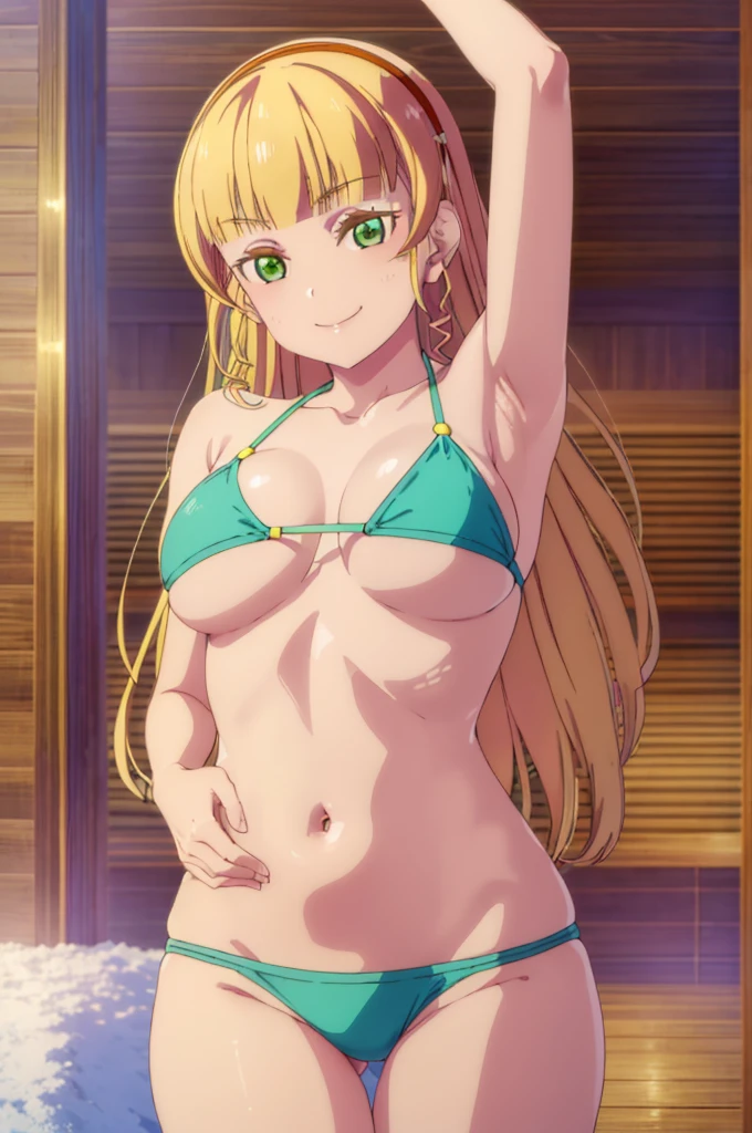 (((pixel-perfect, detail-perfect))), solo, 1girl, sumire heanna, smile, eyes green, hair blonde, sauna, bikini, armpit, big filesize, ultra High Qality