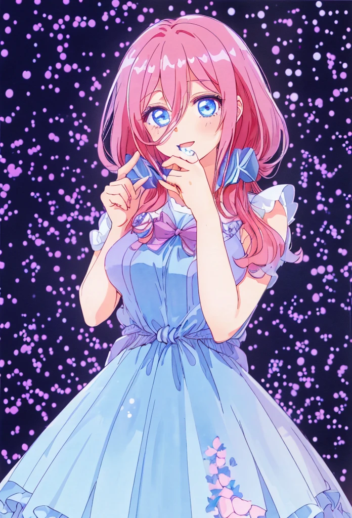 Pastel illustration, lilac theme, Miku nakano, standing 3/4, looking at viewer, soft standing pose, cowboy shot, wearing a lilac dress blue eyes, fluffy brown red hair, nakano_miku, simple organza lilac dress, higher quality, soft vivid colours, dreamy nebula, fairy core, lovely, splendid, delicacy, 4k, extremely detailed, sparkling eyes, perfect face, soft smile, sweet face, lovely, watercolor paiting, Ultra Detail, , soft pastel colours, pastel, aesthetic