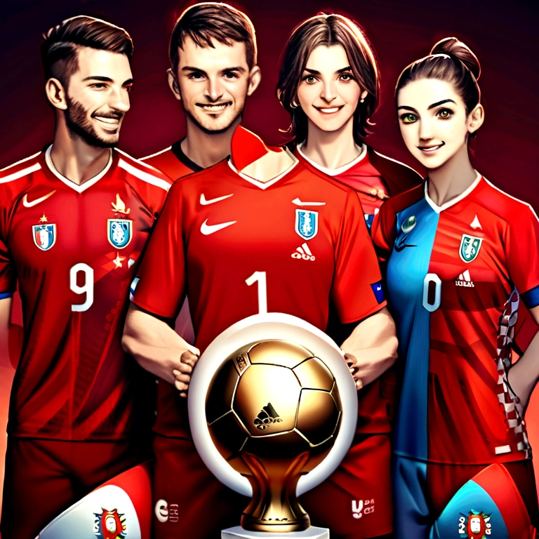 Create a 3-D image of the Turkish team for Euro 2024 football, like those holding a trophy in their hands , Create the players with Turkish flag jerseys