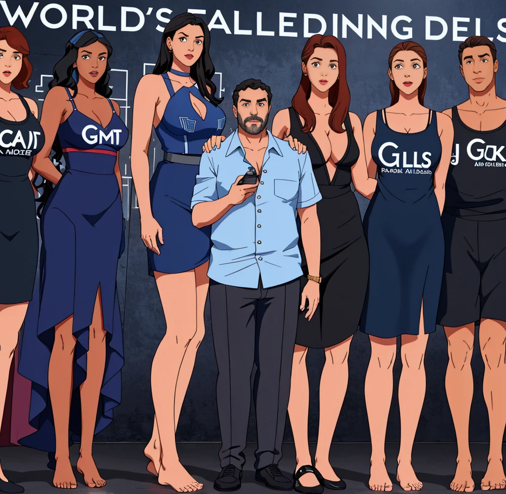 Three tall girls on the lfe left, three tall girls in the right, short man in the middle, the girls are much taller than the man, girls have big and cleavage, girls are wearing black, man is wearing blue shirt, girls are standing barefoot, man is wearing shoes,