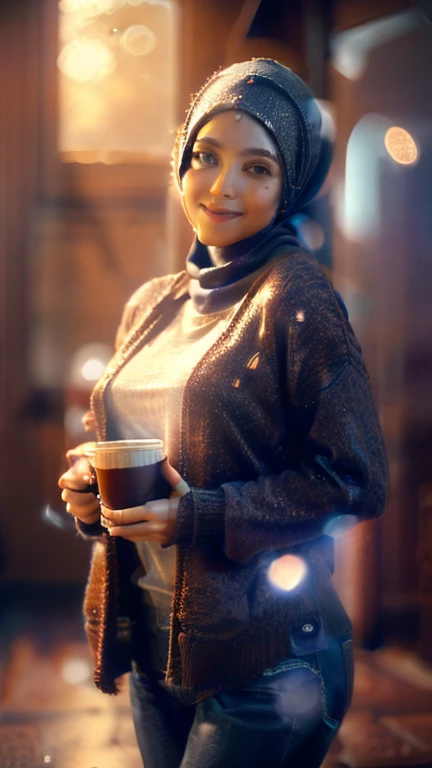 (ultrahd), (realistic), (real skin texture), (soft light), (cinematic light), a hijab woman wear an oversized brown sweater, lean on her desk, seductive smile, pose, hold a cup of coffee,