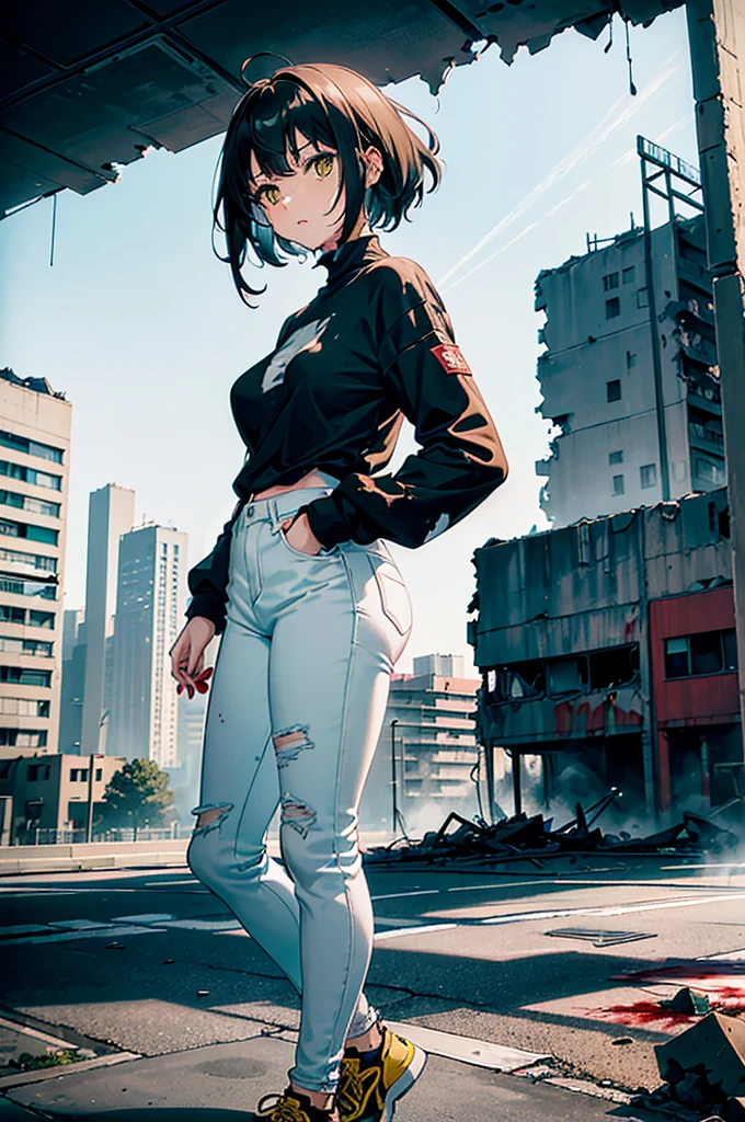 ((1 GIRL)) ((2d anime girl)), ((Japanese)) (( physically mature female)) (( somewhat large breasts)), 25-year-old, ((2d anime girl)), ((short dark-haired)), ((windswept hair)) ((ultra high quality))((flawless))((4k UHD)) ((Best Quality)) ((Daytime)) ((eyes glowing yellow )), wearing a ((black long sleeve shoulderless, blank T-shirt))((no logo)) wearing ((blue jeans)) and black and yellow sneakers with (((blood splattered))) on it and her face, standing in the street ((facing front and center toward the camera)) in a ((ruined city)) filled with ((heavily damaged)) and worn (( tall skyscrapers with gaping holes in their structures while on fire)) and ((crushed vehicles on fire)) and small and ((raging fires all around)) and an ((intimidating)) look on her face, with a giant monster kaiju-beast in the distance looking furocious.