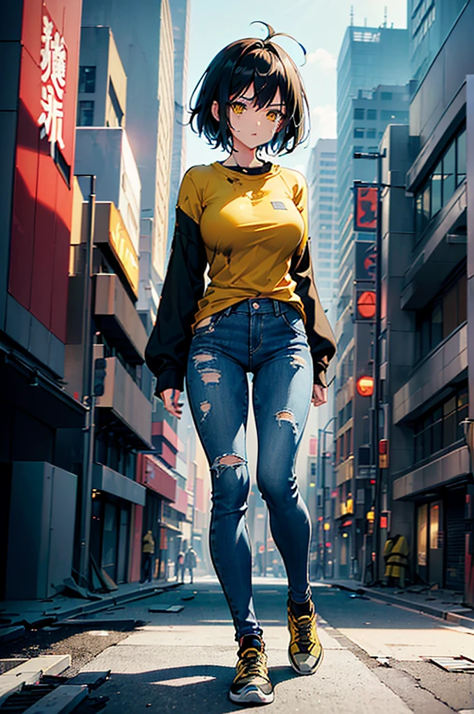 ((1 GIRL)) ((2d anime girl)), ((Japanese)) (( physically mature female)) (( somewhat large breasts)), 25-year-old, ((2d anime girl)), ((short dark-haired)), ((windswept hair)) ((ultra high quality))((flawless))((4k UHD)) ((Best Quality)) ((Daytime)) ((eyes glowing yellow )), wearing a ((black long sleeve shoulderless, blank T-shirt))((no logo)) wearing ((blue jeans)) and black and yellow sneakers with (((blood splattered))) on it and her face, standing in the street ((facing front and center toward the camera)) in a ((ruined city)) filled with ((heavily damaged)) and worn (( tall skyscrapers with gaping holes in their structures while on fire)) and ((crushed vehicles on fire)) and small and ((raging fires all around)) and an ((intimidating)) look on her face, with a giant monster kaiju-beast in the distance looking furocious.