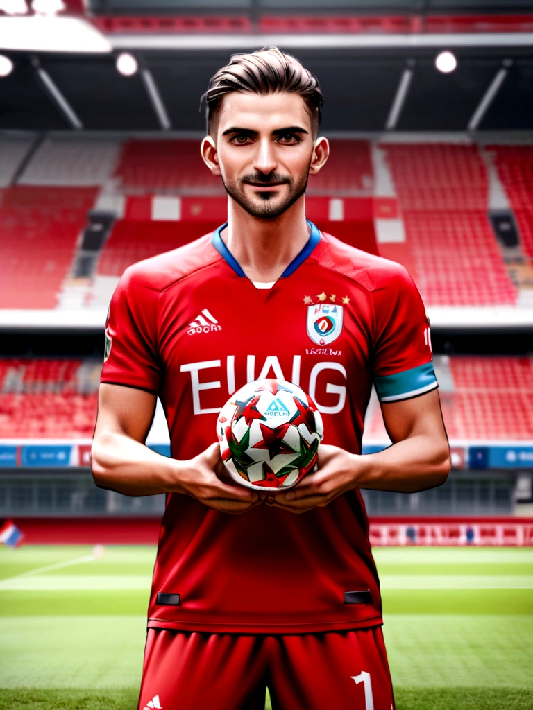 Create a 3-D image of the Turkish team for Euro 2024 football, like those holding a trophy in their hands , Create the players with Turkish flag jerseys