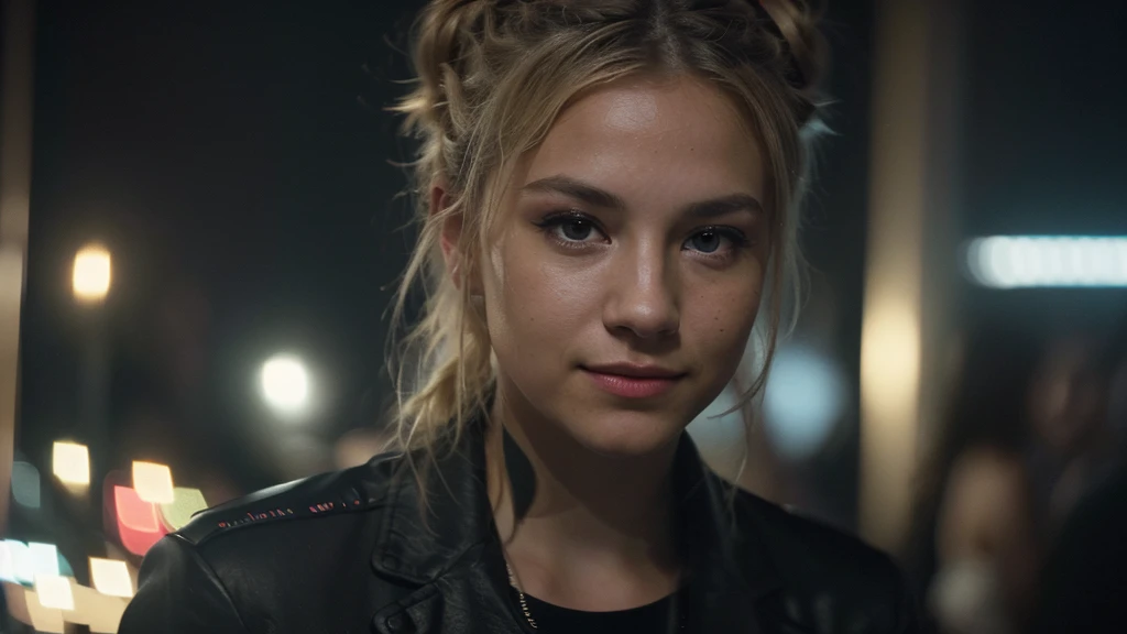 an eye contact of a blond with bun hair and dark theme, people dancing and enjoying the parties, upbeat music playing in the background, vibrant and energetic atmosphere, cinematic film shot in 70mm, depth of field, vivid colors, , (8k, ARTISTIC photography, best quality, masterpiece: 1.2), , SLR camera, soft lighting, high quality, film grain, cinematic lighting, photonic display, brightness, physically rendered photo, extremely high-quality graphics, over-detailed face, (smoother lighting:1.05), (increase cinematic lighting quality:0.9),