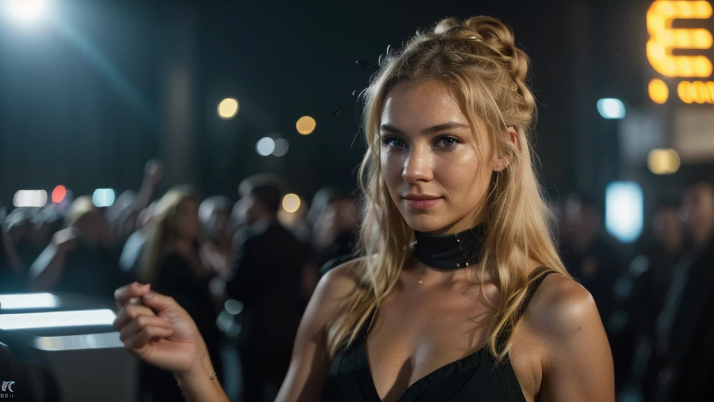 an eye contact of a blond with bun hair and dark theme, people dancing and enjoying the parties, upbeat music playing in the background, vibrant and energetic atmosphere, cinematic film shot in 70mm, depth of field, vivid colors, , (8k, ARTISTIC photography, best quality, masterpiece: 1.2), , SLR camera, soft lighting, high quality, film grain, cinematic lighting, photonic display, brightness, physically rendered photo, extremely high-quality graphics, over-detailed face, (smoother lighting:1.05), (increase cinematic lighting quality:0.9), 