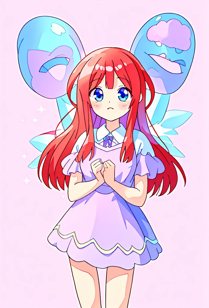 Pastel illustration, lilac theme, Miku nakano, standing 3/4, looking at viewer, soft standing pose, cowboy shot, wearing a lilac dress blue eyes, fluffy brown red hair, nakano_miku, simple organza lilac dress, higher quality, soft vivid colours, dreamy nebula, fairy core, lovely, splendid, delicacy, 4k, extremely detailed, sparkling eyes, perfect face, soft smile, sweet face, lovely, watercolor paiting, Ultra Detail, , soft pastel colours, pastel, aesthetic