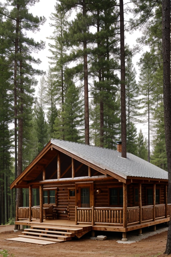 Design a cabin that has a rustic design made of wood surrounded by trees