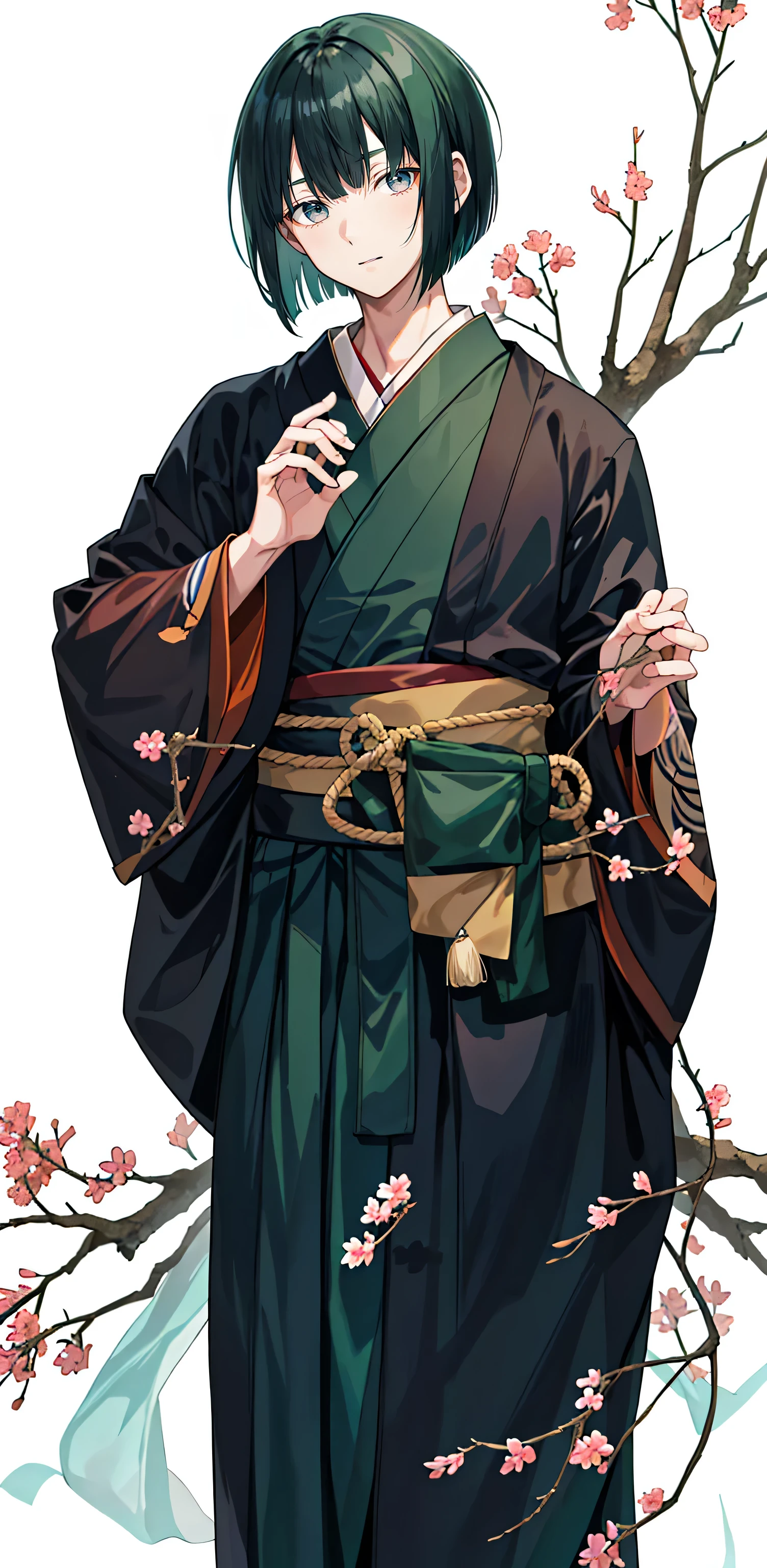 1 boy, 24 years old, full body, blunt bangs, bob cut, dark green hair, ((transparent background)),(solo),standing,{{{{Japanese monk}}}}},(wearing shoes on feet),{{wearing an article of clothing in the same manner as a kasaya}}},{{glaze}},{{Hair shine}},((is wearing Japanese Monk’s Clothing)),good young man, beautiful detailed eyes,gray eyes,black hair,good looking,((an extremely delicate and beautiful)),make the eyes the same shape and color on both sides, seiza, from front,