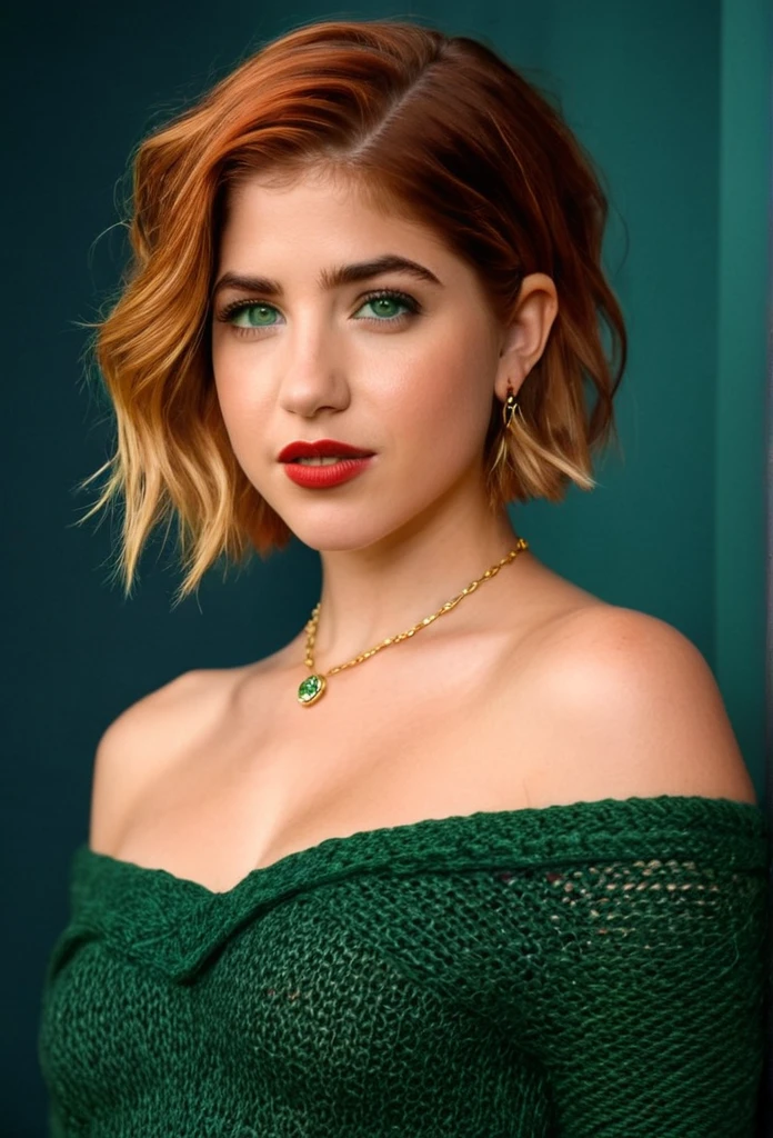 A photography of , warm colors , very detailed , realistic rendering , full body , Photorealistic style , Natural lighting, Woman (Imogen Poots:Emily Bett Rickards), 25 years old, curvy, red hair, Bob haircut, (wrinkled forhead), ((eyes brown-green)), rounded chin, fleshy lips, aquilin nose, Only, ((colossale tits)), looking at the viewer, bare shoulders, jewelry, whole body, necklace, off shoulder, sweater, realistic, flirting with camera