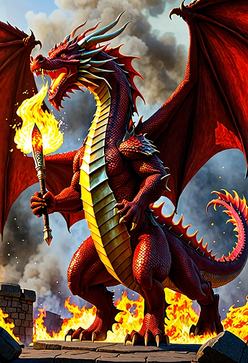 old large red dragon breathing animated fire, on a hero who is holding a shield to protect themselves from the flames