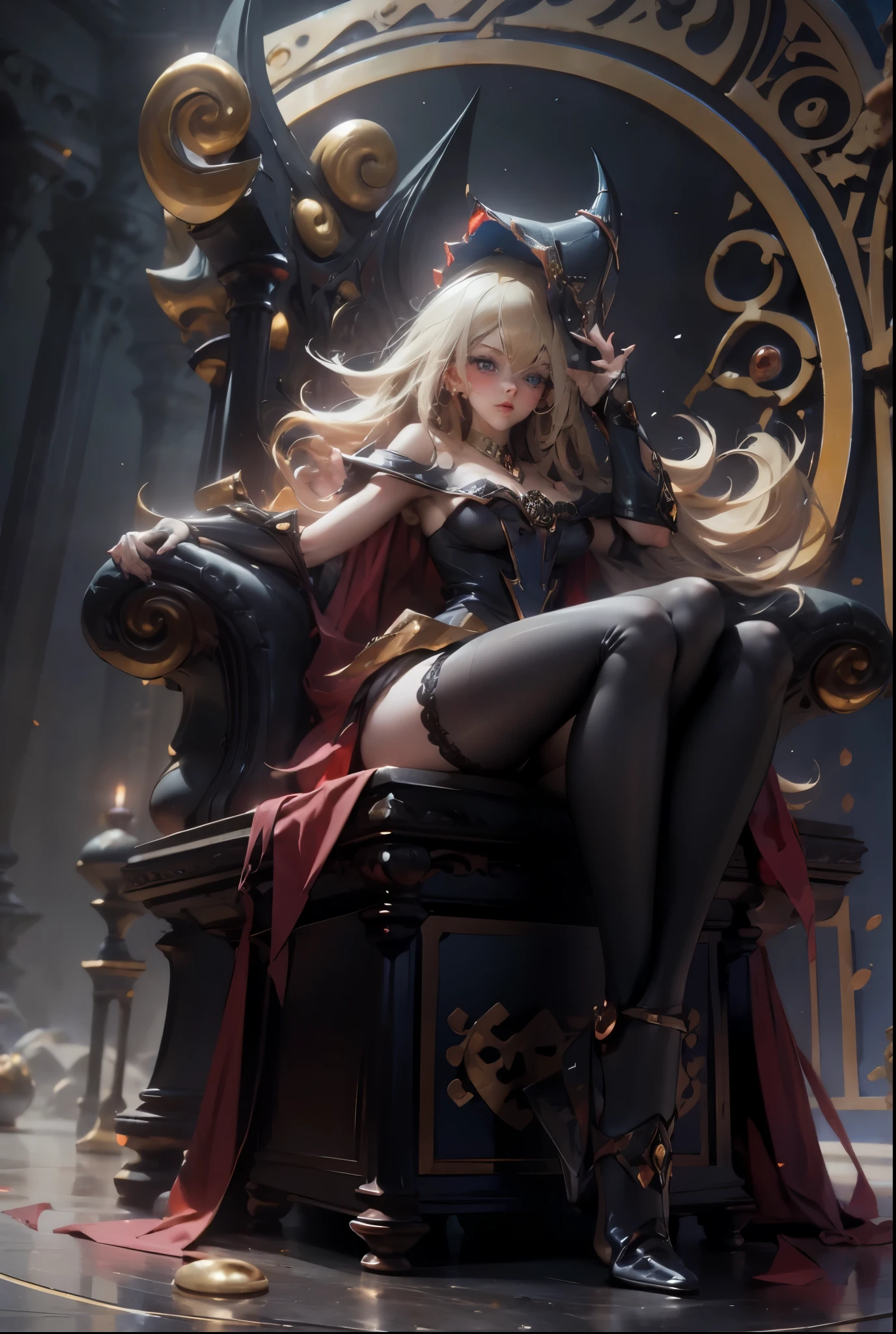 Dark magician gils with black gala dress. Wear dark tights. She wears red heels, has earrings. Wear necklaces.  Long blonde hair. blue eyes. Red lips. Sensual and subjective pose. She is sitting on a golden throne. Castle Background. She has black heels and transparent stockings 