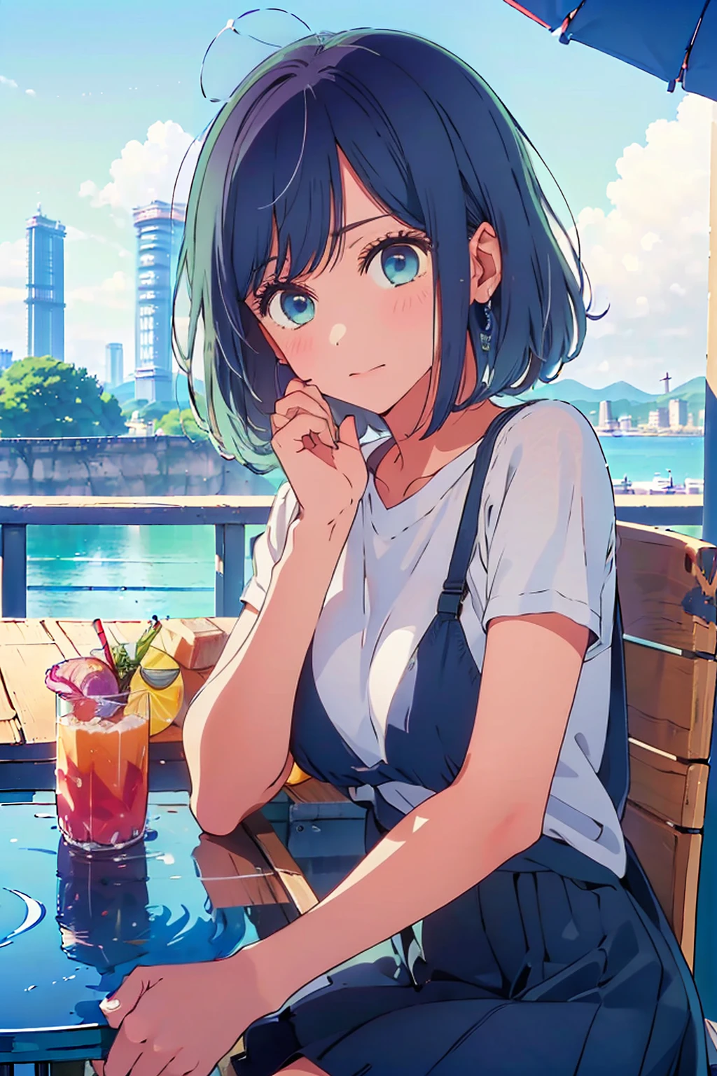 (Highest quality:1.4、masterpiece:1.4、超detailed:1.4、Ultra-high resolution:1.4、Absurd:1.4、Absolute Resolution:1.4、8K:1.4、detailed:1.4)、Slim body、((((1 person、sit、Happy expression、Chair、In the background are the urban buildings of Tokyo、looking at the camera、Outdoor café terrace、Navy hair color、juice、table、Very cute face))))、((((nude、very beautiful areola、valley))))、(Pose with hands tucked behind ears:1.4、Cheek resting on hand:1.4)、(bikini:1.1)、Very blue sky、A completely cloudless sky