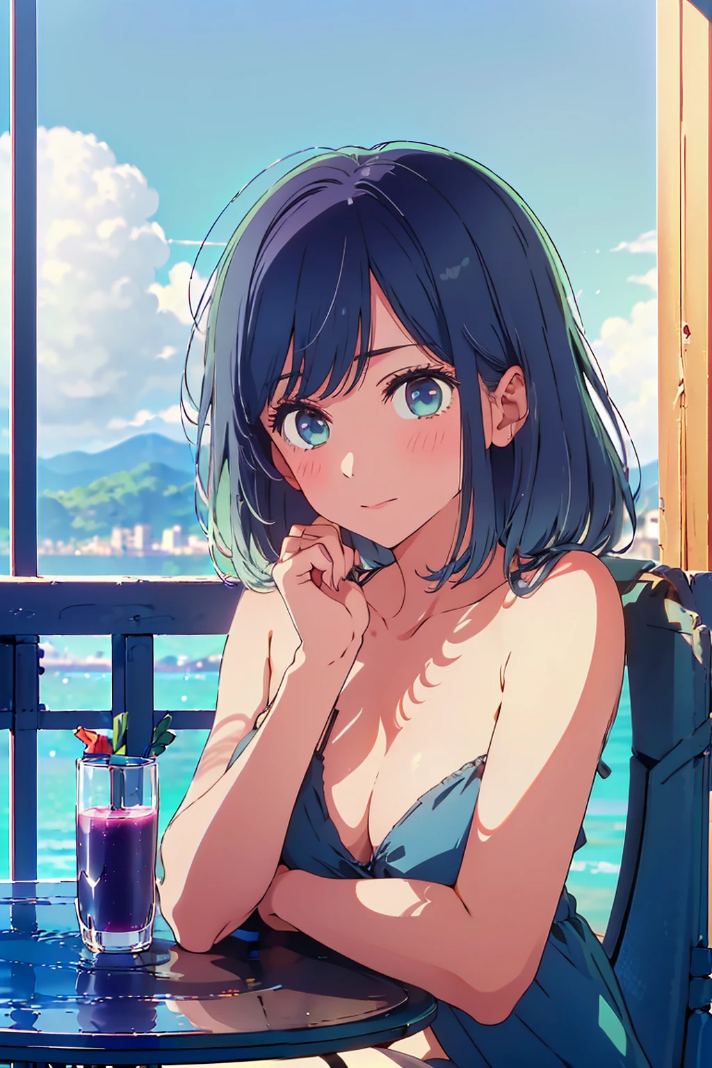 (Highest quality:1.4、masterpiece:1.4、超detailed:1.4、Ultra-high resolution:1.4、Absurd:1.4、Absolute Resolution:1.4、8K:1.4、detailed:1.4)、Slim body、((((1 person、sit、Happy expression、Chair、In the background are the urban buildings of Tokyo、looking at the camera、Outdoor café terrace、Navy hair color、juice、table、Very cute face))))、((((nude、very beautiful areola、valley))))、(Pose with hands tucked behind ears:1.4、Cheek resting on hand:1.4)、(bikini:1.1)、Very blue sky、A completely cloudless sky