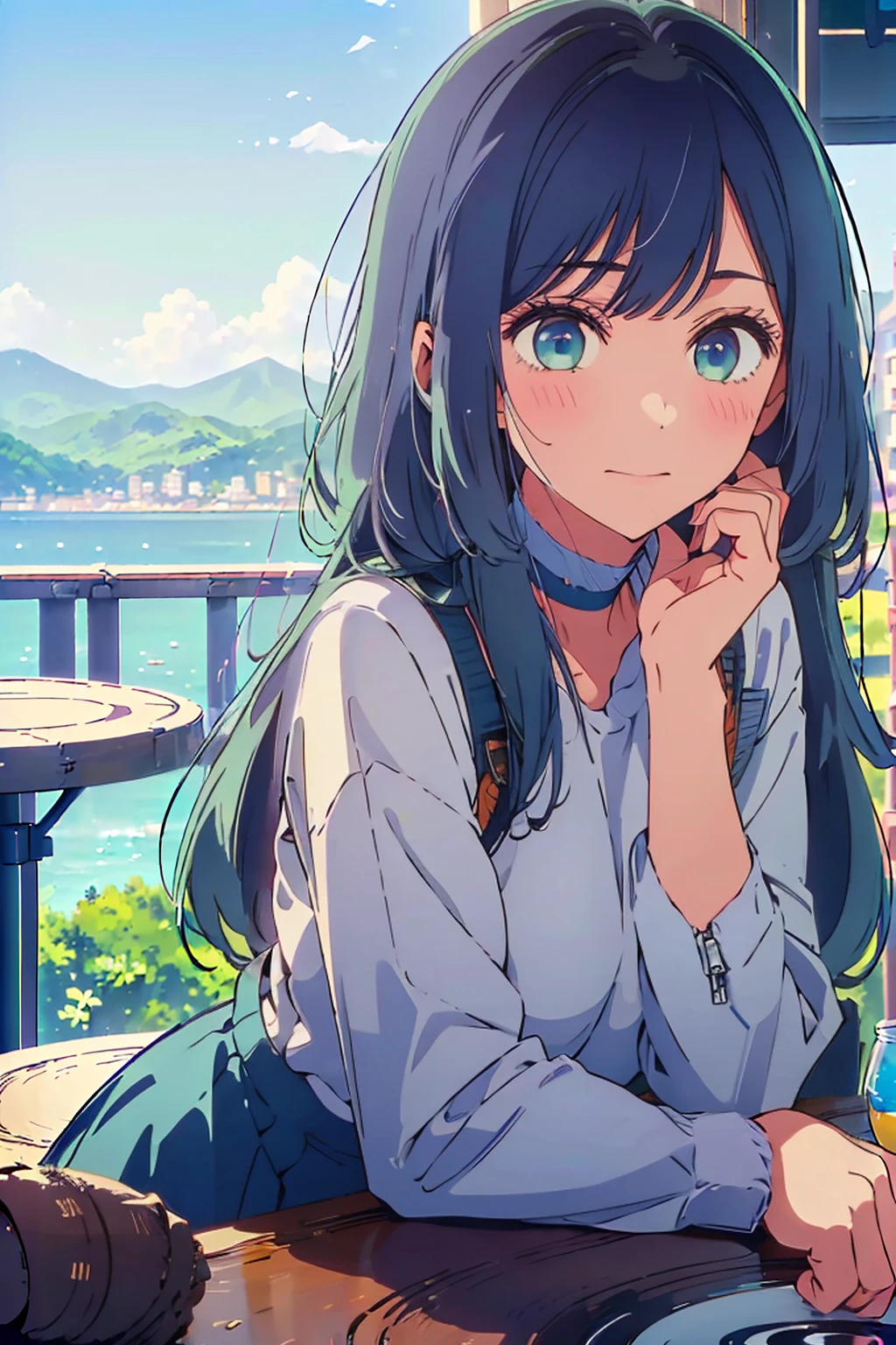 (Highest quality:1.4、masterpiece:1.4、超detailed:1.4、Ultra-high resolution:1.4、Absurd:1.4、Absolute Resolution:1.4、8K:1.4、detailed:1.4)、Slim body、((((1 person、sit、Happy expression、Chair、In the background are the urban buildings of Tokyo、looking at the camera、Outdoor café terrace、Navy hair color、juice、table、Very cute face))))、((((nude、very beautiful areola、valley))))、(Pose with hands tucked behind ears:1.4、Cheek resting on hand:1.4)、(bikini:1.1)、Very blue sky、A completely cloudless sky