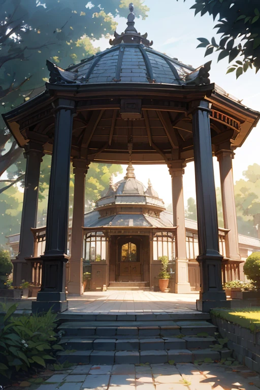 rustic style mansion, em pedra branca, glass and dark wood and reddish tiles with a garden with a white iron gate and a gazebo in the same style.