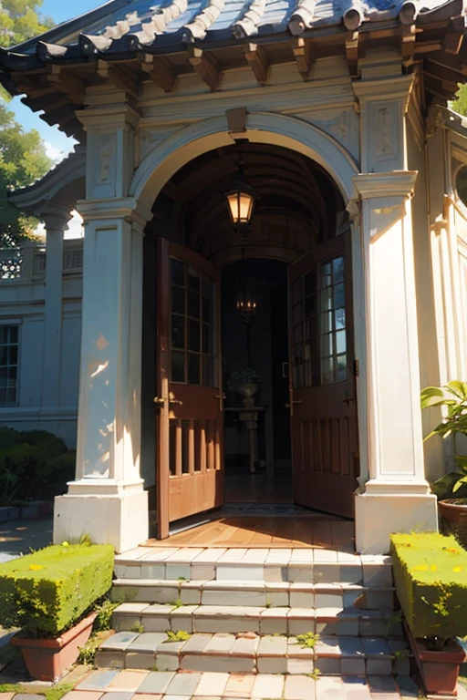 rustic style mansion, em pedra branca, glass and dark wood and reddish tiles with a garden with a white iron gate and a gazebo in the same style.