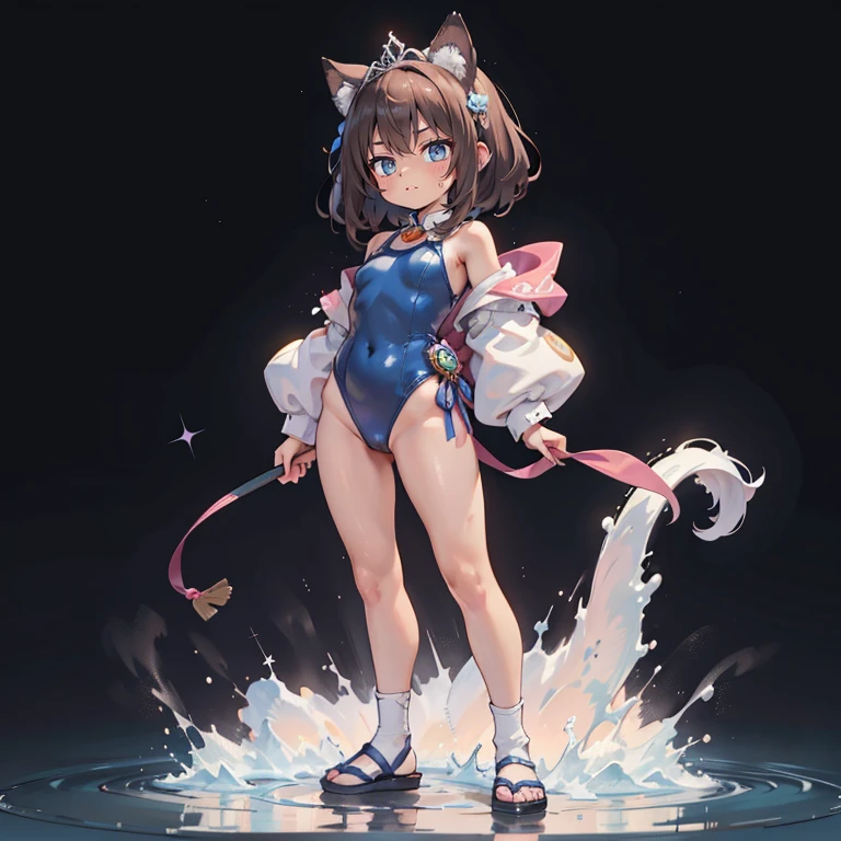 ((Masterpiece)), (Anime:1.5), ((best quality)), (RAW photo:1.2), (High Definition:1.3), (Professional Photography:1.2), (chromatic aberration), 1girl, ((12years old)), 8K, cinematic lighting, very messy hair, (Kicking and splashing:1.3), (on the shallow canal), barefoot, (slightly exposed small breast), (tattered and torn dirty white-camisole), Slender small breasts, (smile and open mouth), slum townscape, Textured skin, cat ears, pale brown hair, Cute Beautiful girl
