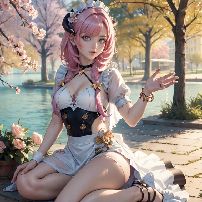  long hair, pink hair, red horns, long flowing hair, floating hair, ornament hair, perfectly body, perfectly hands, dark pink rose on hair, maid, maid dress, maid headdress, maid apron, white apron, on street, petals in the air, blossom peach tree, centered girl, a lake on the background, spring scenery, maid dress, red dress, more details on her clothes, dress with transparency, golden details, daylight, smiling, cape, ((4k, masterpiece, top-quality)),8k, best quality, high resolution, HD, (illustration:0.8), super cute girl, delicate and beautiful face, 1girl, solo, mature girl, super cute hairstyle, (beautiful detailed eyes:1.6), extremely detailed face, perfect lighting, extremely detailed CG, (perfect hands, perfect anatomy), Best quality, cleavage, small skirt, full Body,