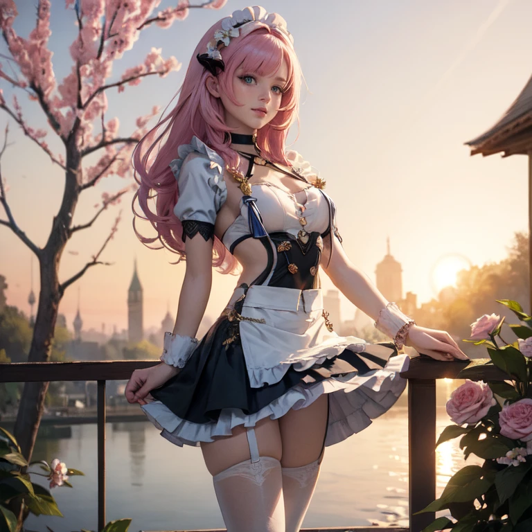 long hair, pink hair, red horns, long flowing hair, floating hair, ornament hair, perfectly body, perfectly hands, dark pink rose on hair, maid, maid dress, maid headdress, maid apron, white apron, on street, petals in the air, blossom peach tree, centered girl, a lake on the background, spring scenery, maid dress, red dress, more details on her clothes, dress with transparency, golden details, daylight, smiling, cape, ((4k, masterpiece, top-quality)),8k, best quality, high resolution, HD, (illustration:0.8), super cute girl, delicate and beautiful face, 1girl, solo, mature girl, super cute hairstyle, (beautiful detailed eyes:1.6), extremely detailed face, perfect lighting, extremely detailed CG, (perfect hands, perfect ???????), Best quality, cleavage, small skirt, full Body,