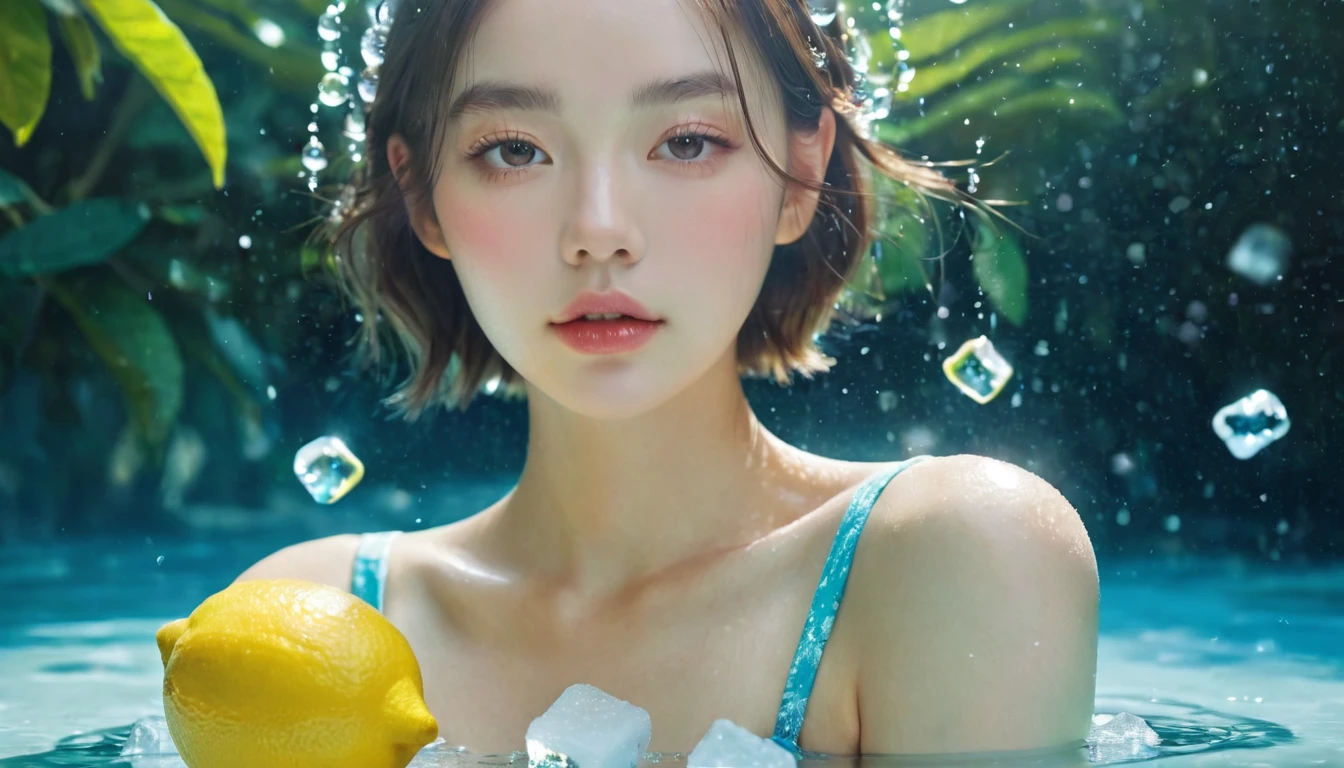 Summer Lemon Girl,Dopamine age, Cool summer days,Ice cubes,The watery girl,Delicate skin,Hydration,Shiny,Shiny,dream,Front view,bust,pearl,Lemon fruit
