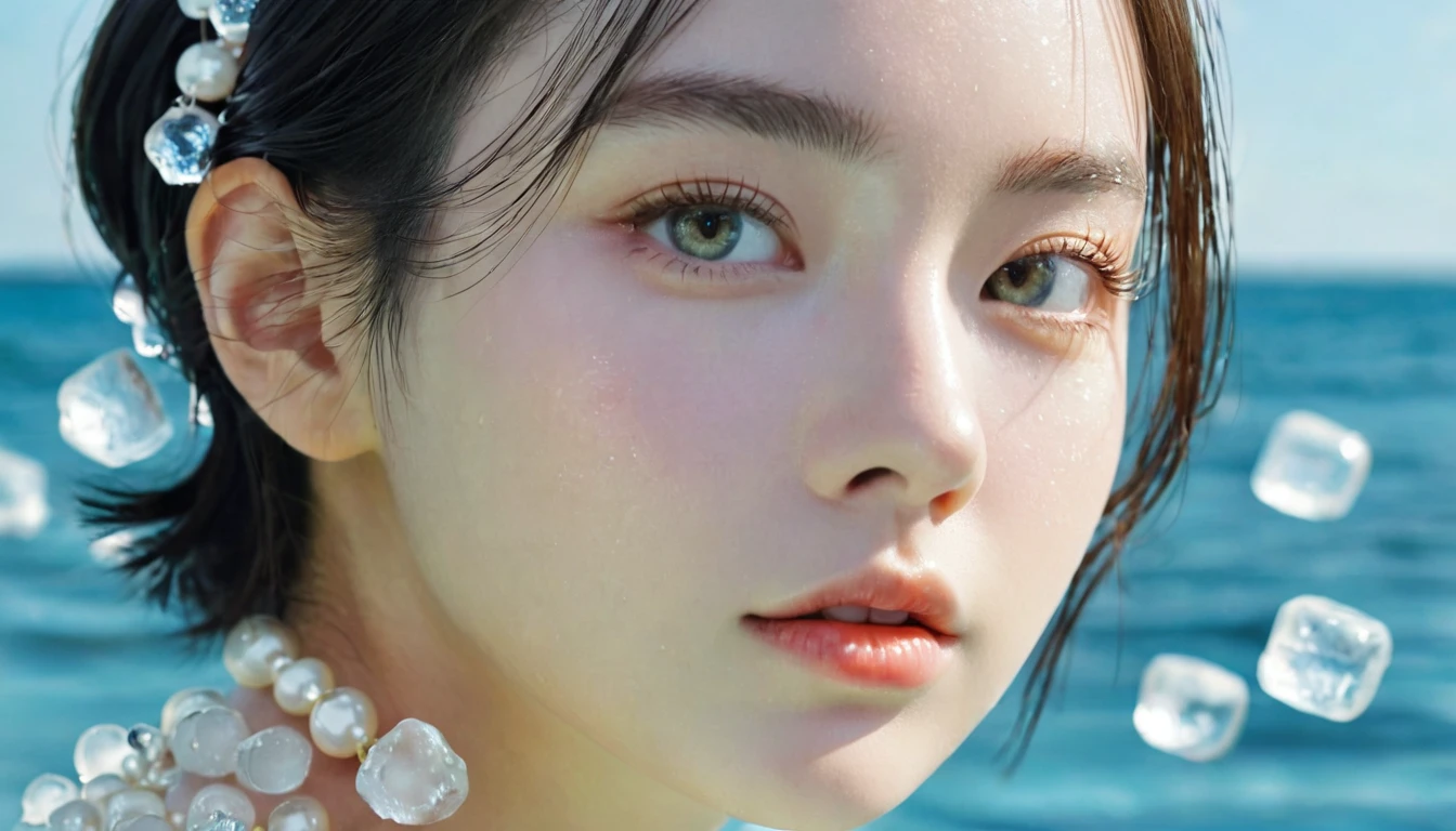Summer Lemon Girl,Dopamine teenage, Cool summer days,Ice cubes,The watery girl,Delicate skin,Hydration,Shiny,Shiny,dream,Front view,bust,pearl,Lemon fruit