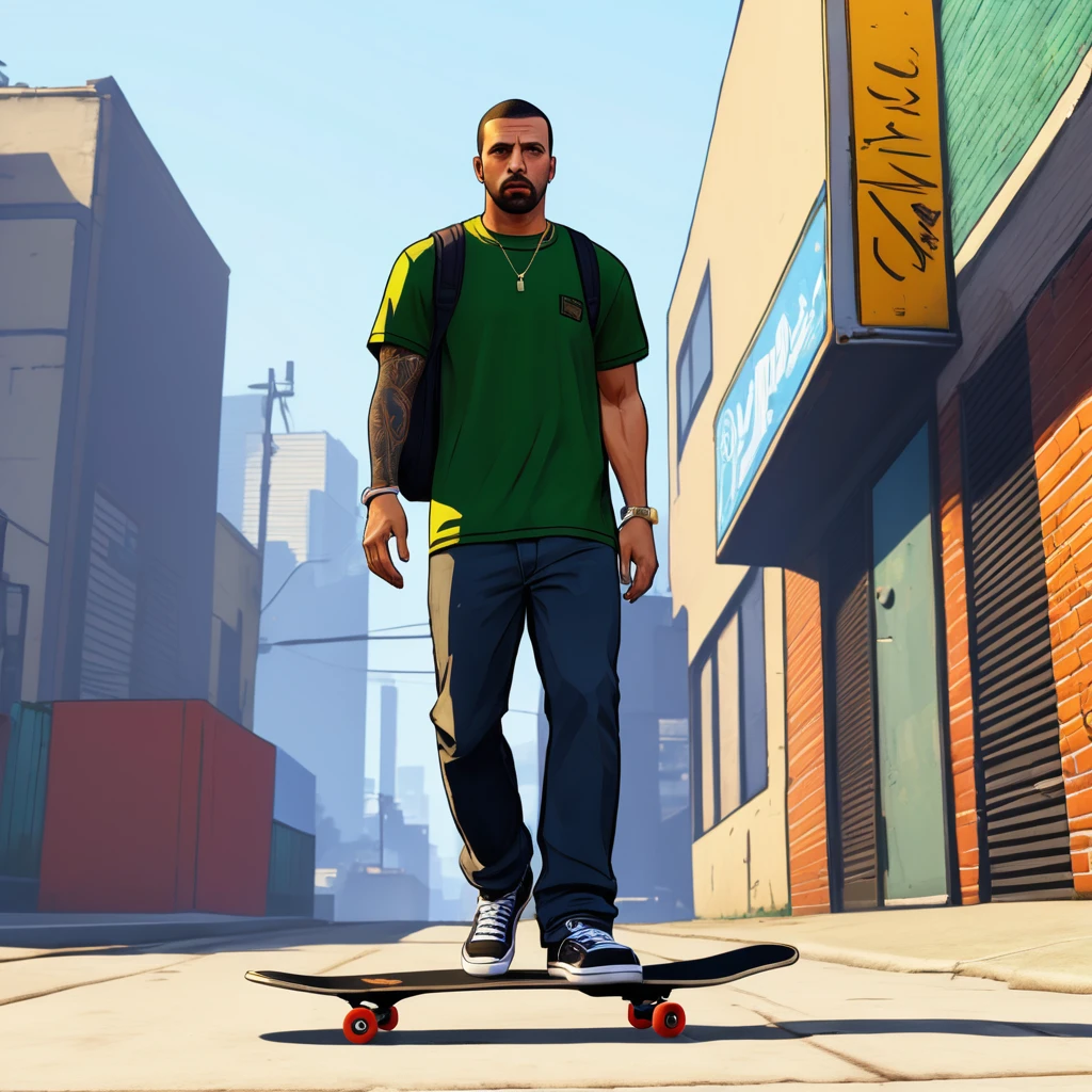 a close up of a man walking down a street with a skateboard, as a character from gtav, gta character, as the protagonist of gta 5, drake in gta v, gta v character, style of gta v, gta 5 skin tone, highly detailed upper body, full body shot hyperdetailed, jesse pinkman in gta v, robust stocky body, male character