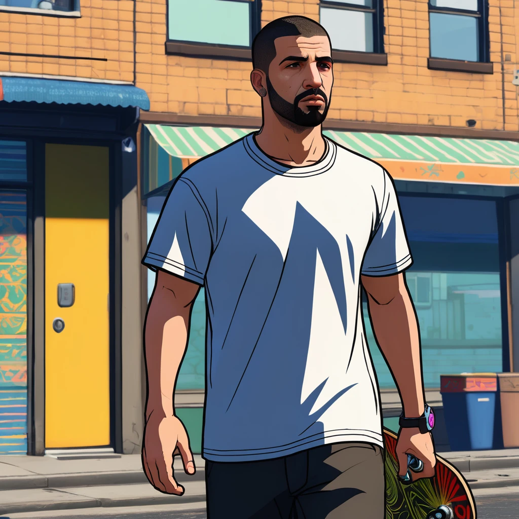 a close up of a man walking down a street with a skateboard, as a character from gtav, gta character, as the protagonist of gta 5, drake in gta v, gta v character, style of gta v, gta 5 skin tone, highly detailed upper body, full body shot hyperdetailed, jesse pinkman in gta v, robust stocky body, male character