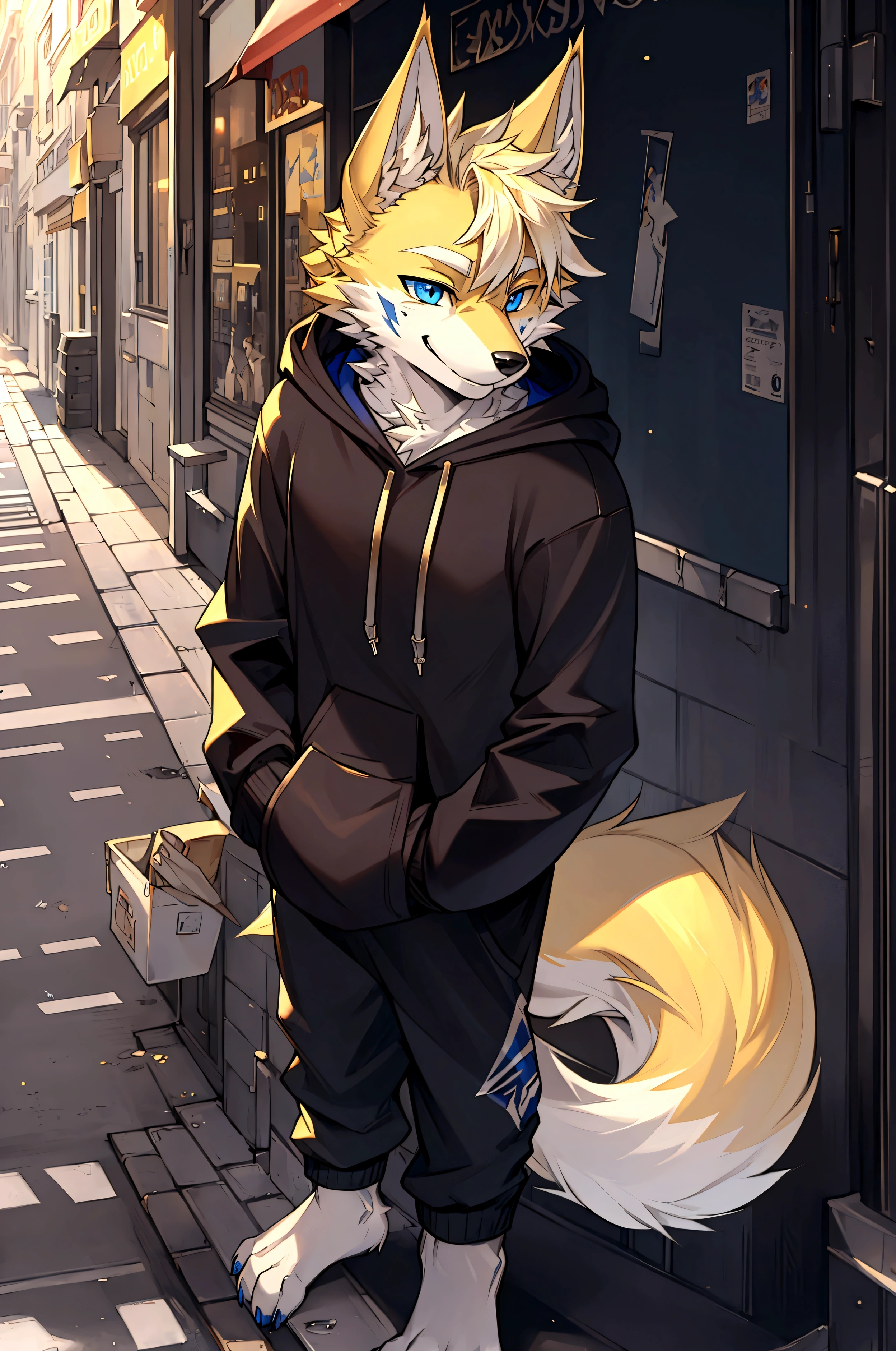 masterpiece,High quality,furry,male,(wolf),(yellow fur),(hoodie),blue eye,In the street,perfect background,Scar on the face,Smile,One person
