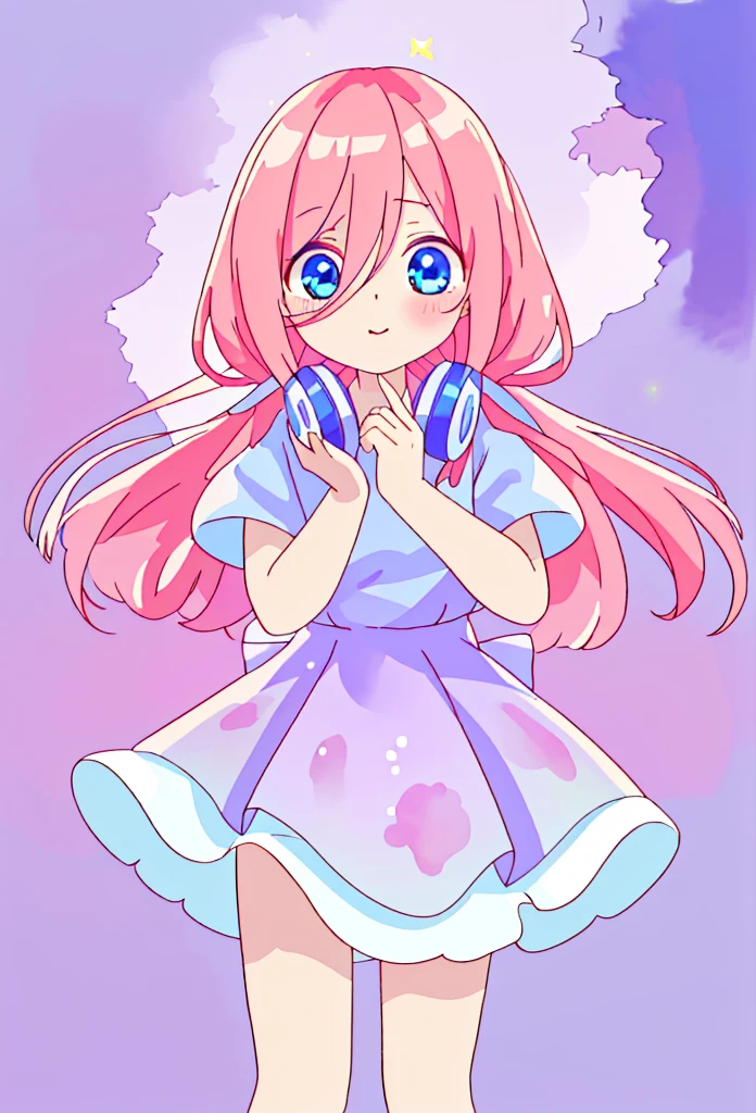 Pastel illustration, lilac theme, Miku nakano, standing 3/4, looking at viewer, soft standing pose, cowboy shot, wearing a lilac dress blue eyes, fluffy brown red hair, nakano_miku, simple organza lilac dress, higher quality, soft vivid colours, dreamy nebula, fairy core, lovely, splendid, delicacy, 4k, extremely detailed, sparkling eyes, perfect face, soft smile, sweet face, lovely, watercolor paiting, Ultra Detail, , soft pastel colours, pastel, aesthetic