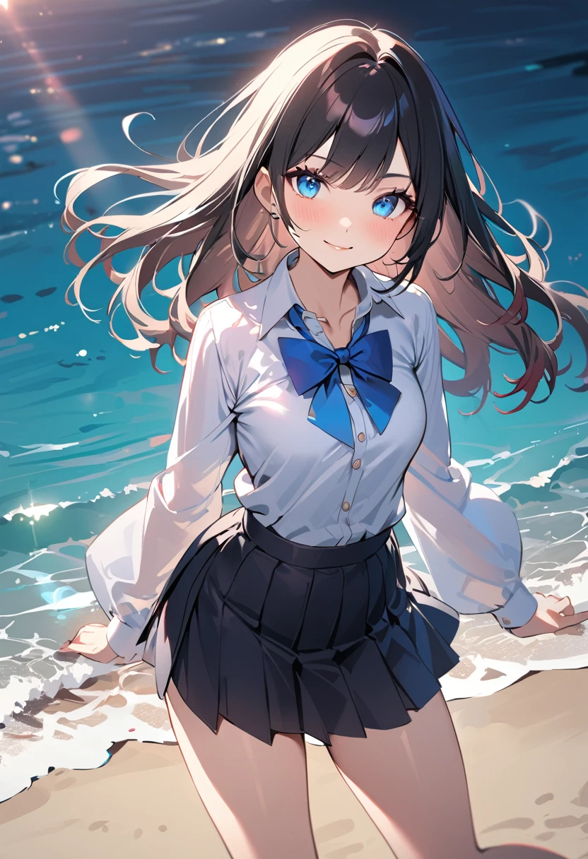 BREAK 1girl, long hair, black hair, straight hair, short bangs above brows, blue eyes, warm smile, (contrapposto:1.2),
BREAK (masterpiece), (high resolution 8K), cinematic lighting, professional lighting, very cute, detailed eyes and face, detailed body,
BREAK , white shirt, blue bowtie, pleated skirt
BREAK outdoors, sea background, sun-kissed shore,