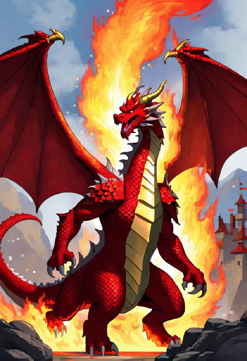old large red dragon breathing animated fire, on a hero who is holding a shield to protect themselves from the flames