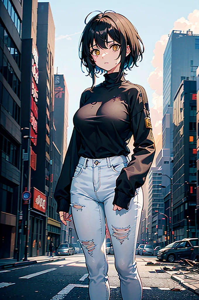((1 GIRL)) ((2d anime girl)), ((Japanese)) (( physically mature female)) (( somewhat large breasts)), 25-year-old, ((2d anime girl)), ((short dark-haired)), ((windswept hair)) ((ultra high quality))((flawless))((4k UHD)) ((Best Quality)) ((Daytime)) ((eyes glowing yellow )), wearing a ((black long sleeve shoulderless, blank T-shirt))((no logo)) wearing ((blue jeans)) and black and yellow sneakers with (((blood splattered))) on it and her face, standing in the street ((facing front and center toward the camera)) in a ((ruined city)) filled with ((heavily damaged)) and worn (( tall skyscrapers with gaping holes in their structures while on fire)) and ((crushed vehicles on fire)) and small and ((raging fires all around)) and an ((intimidating)) look on her face, with a giant monster kaiju-beast in the distance looking furocious.