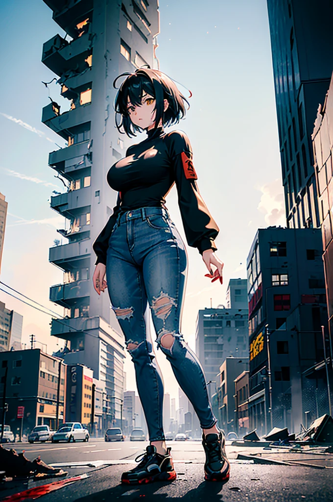 ((1 GIRL)) ((2d anime girl)), ((Japanese)) (( physically mature female)) (( somewhat large breasts)), 25-year-old, ((2d anime girl)), ((short dark-haired)), ((windswept hair)) ((ultra high quality))((flawless))((4k UHD)) ((Best Quality)) ((Daytime)) ((eyes glowing yellow )), wearing a ((black long sleeve shoulderless, blank T-shirt))((no logo)) wearing ((blue jeans)) and black and yellow sneakers with (((blood splattered))) on it and her face, standing in the street ((facing front and center toward the camera)) in a ((ruined city)) filled with ((heavily damaged)) and worn (( tall skyscrapers with gaping holes in their structures while on fire)) and ((crushed vehicles on fire)) and small and ((raging fires all around)) and an ((intimidating)) look on her face, with a giant monster kaiju-beast in the distance looking furocious.