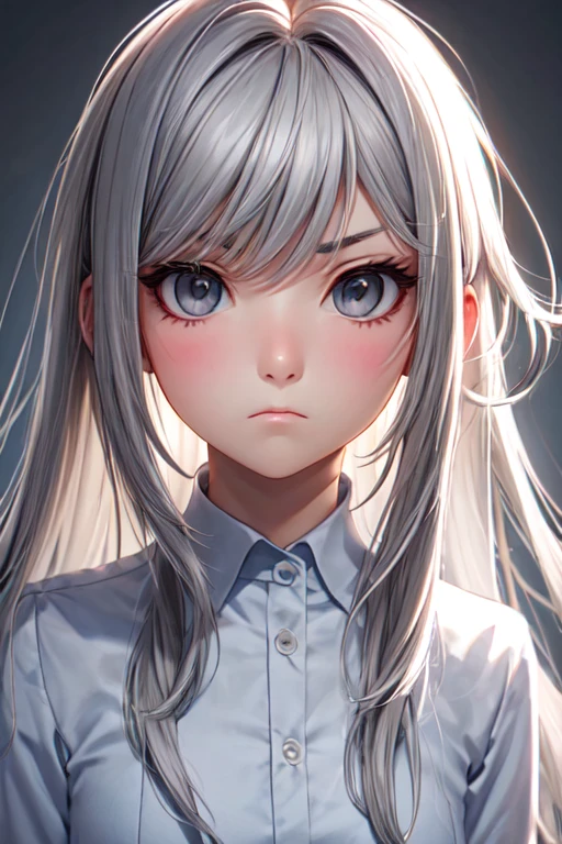 young girl with long light grey hair, grey eyes and has an apathetic expression
