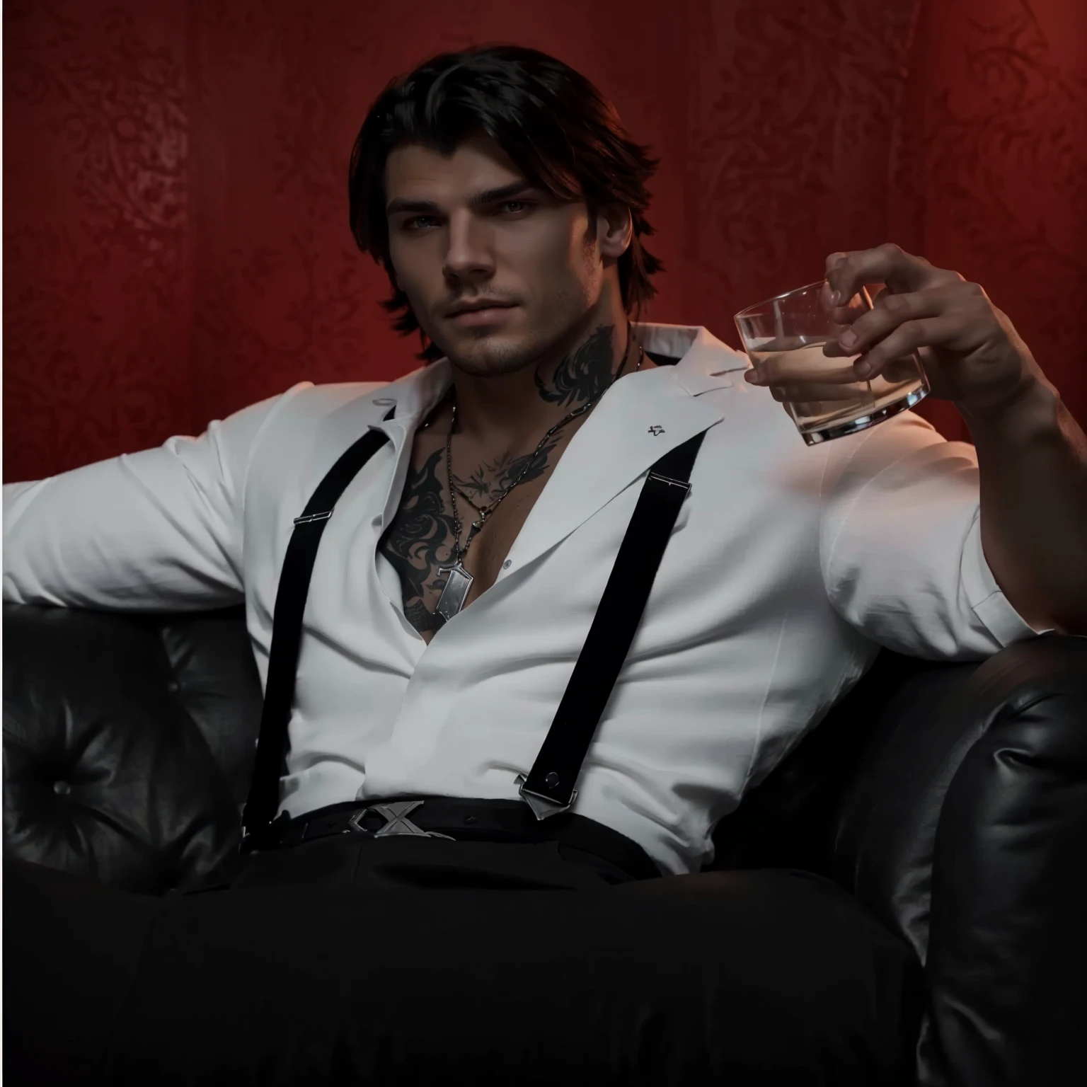 a black and white photo of a man sitting on a couch holding a glass, handsome guy in demon slayer art, sylas, handsome male vampire, epic and classy portrait, male vampire, commission for high res, jesse mccree, jacen solo, male art, artstation mans aesthetic, style of charlie bowater, as a character in tekken, neo noir style, black shirt