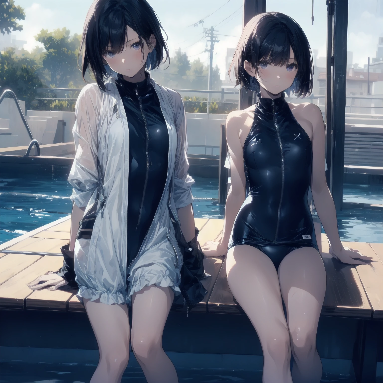 ultra-Top-quality by art God, ultra-detailed, high resolution, shinkai makoto style, anime moe artstyle, best anime 8k konachan wallpaper, pixiv contest winner, perfect anatomy, break,(Please draw a picture of a girl in a swimsuit sitting sleepily on a bench by the poolside alone.),break, a hyperrealistic school girl, (Solo,lolita, ???, 13-year-old:1.3),Full limbs, complete fingers, androgynous charm, (very short hair), wet hair, small breasts,slender body, Small butt, groin, Small black eyes,hanme,beautiful detailed eyes, well-proportioned iris and pupils, sleepy eyes, highres detailed hair, swimsuit, wet swimsuit, bare shoulders, thighs, in the school pool. break,super detailed skin, shiny skin, Best lighting powered by famous artist, 8k, illustration,UHD, textured skin,break,((artist:saiguchi_otoufu )), artist:clamp ,artist:carnelian ,artist:kantoku ,