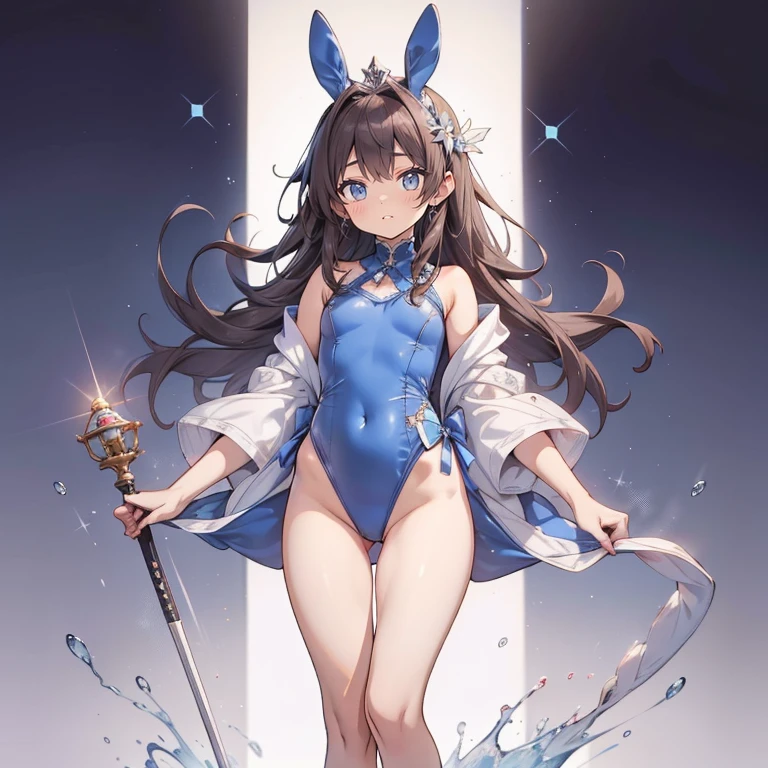 maximum quality、extremely delicate and beautiful、I am、I am、a 14 year old、Japanese、Chiquita、a high school student、A brunette、Canine ears、far away、((blue leotard costume))、（leg high）、tiara on head、a smirk、standing、facing the front、The background is a resort pool、Represents the entire body、gravure