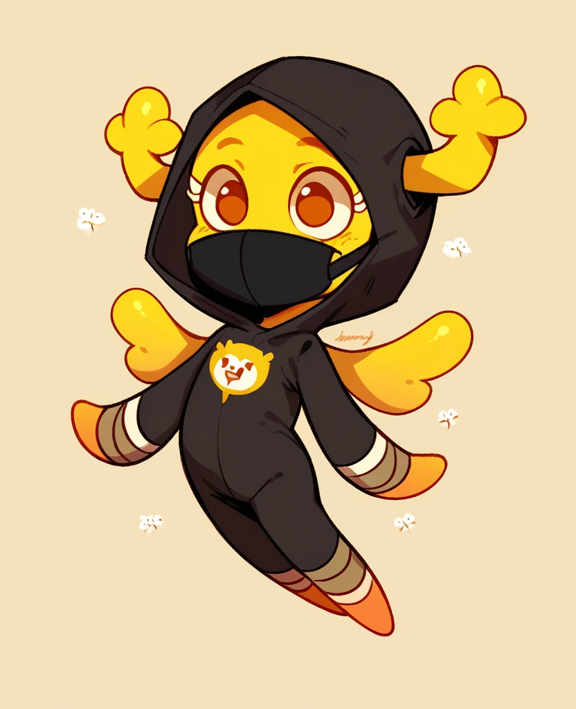 Penny Fitzgerald, penny_unshelled, alone, cute, yellow body, ???, yellow wings, full body, bodysuit with yellow trim and black wraps, black hood and black face mask