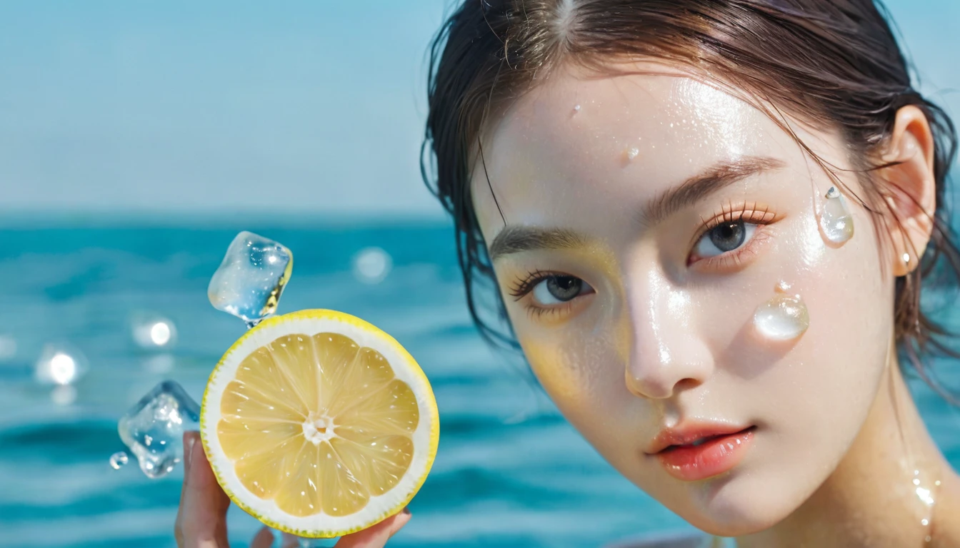 Summer Lemon Girl,Dopamine teenage, Cool summer days,Ice cubes,The watery girl,Delicate skin,Hydration,Shiny,Shiny,dream,Front view,bust,pearl,Lemon fruit