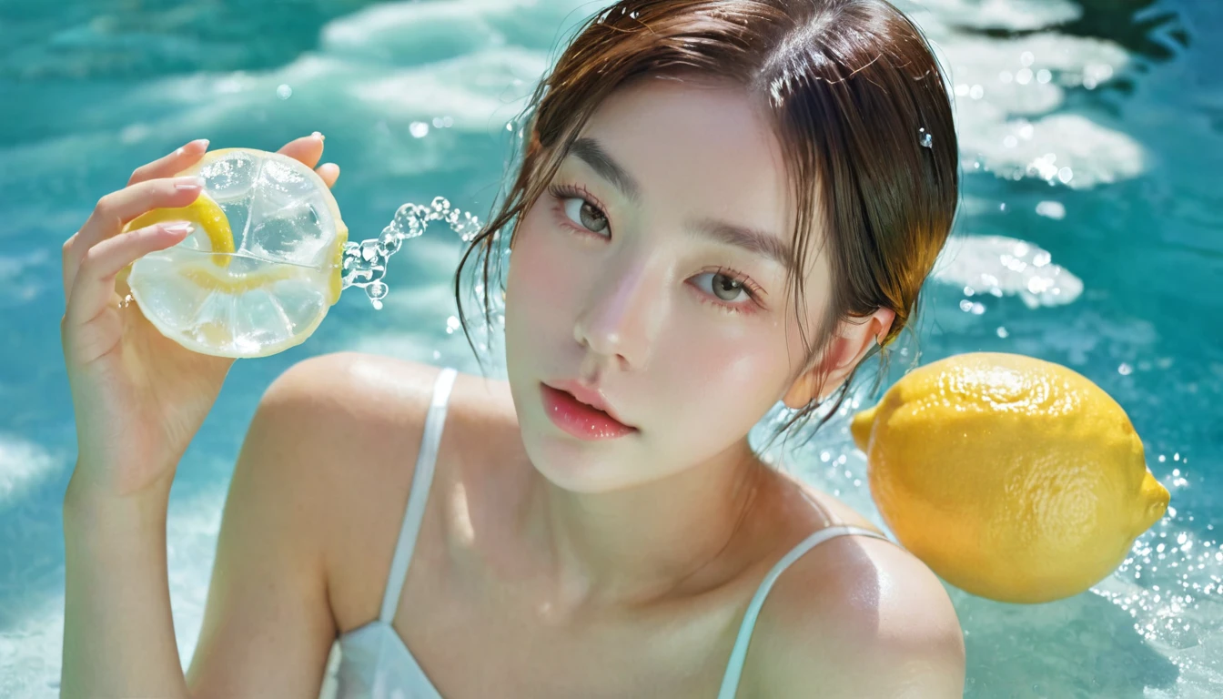 Summer Lemon Girl,Dopamine teenage, Cool summer days,Ice cubes,The watery girl,Delicate skin,Hydration,Shiny,Shiny,dream,Front view,bust,pearl,Lemon fruit