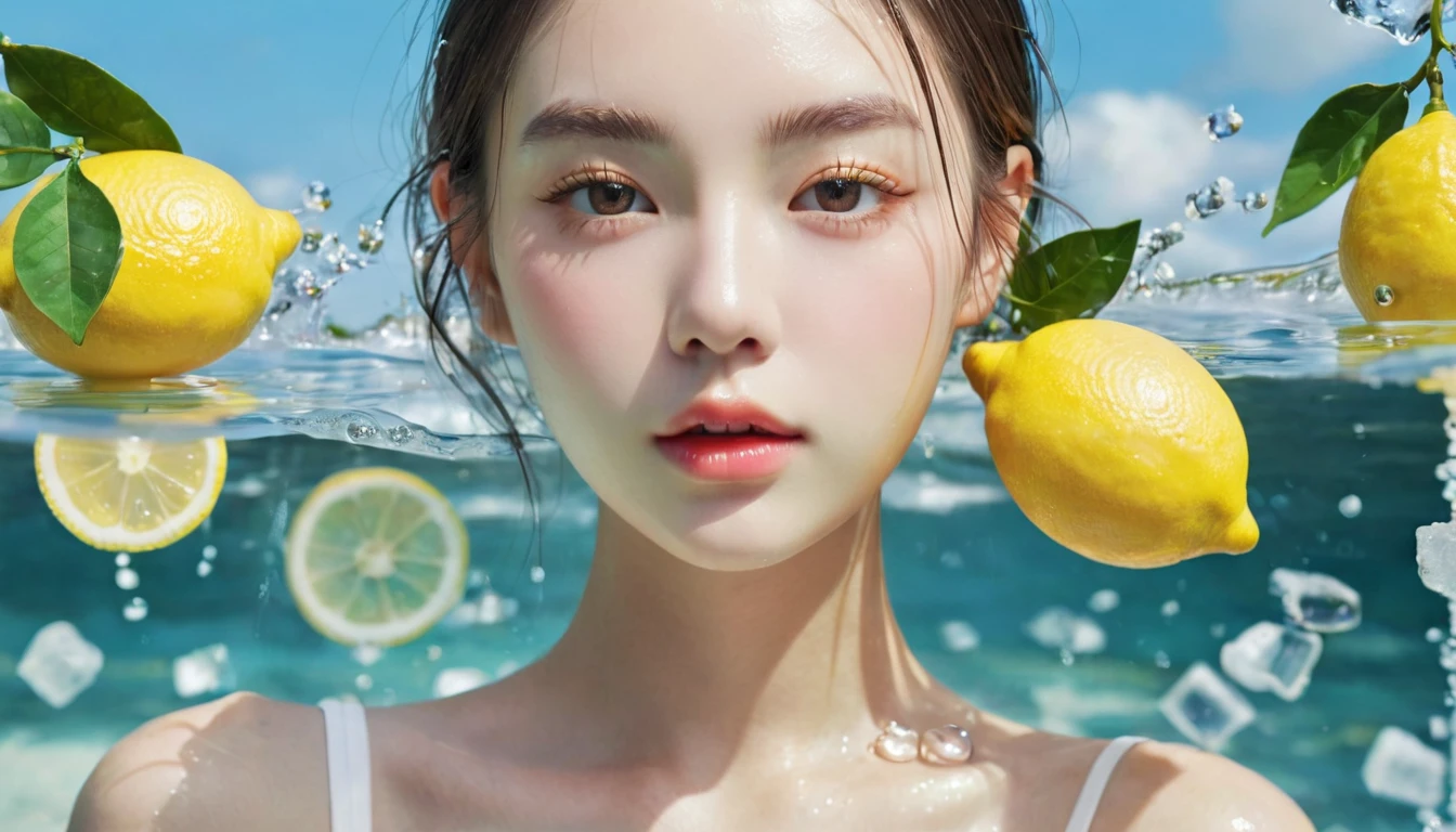 Summer Lemon Girl,Dopamine teenage, Cool summer days,Ice cubes,The watery girl,Delicate skin,Hydration,Shiny,Shiny,dream,Front view,bust,pearl,Lemon fruit