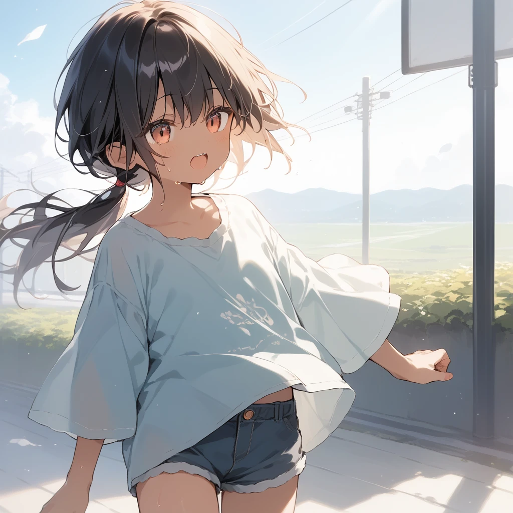 score_9, score_8_up, score_7_up, source_anime, best quality, masterpiece, official art, absurdres, highres, ultra-detailed,waifu2x,Collection: Slice of Life,break,1girl, tomboy, dark-skinned female, short hair, low ponytail, flat chest, beautiful detailed eyes, short shorts, sweat, open mouth, (yawn:0.3), sleepily, outdoors, wind, break,(clear line illustration:1.2),very high resolution, very aesthetic, super detailed skin, Best sexual lighting powered by famous artist, 8k,cute picture,beauty illustration,photoshop_(medium),,(Detailed Lighting),best anime 8k konachan wallpaper, pixiv contest winner, 