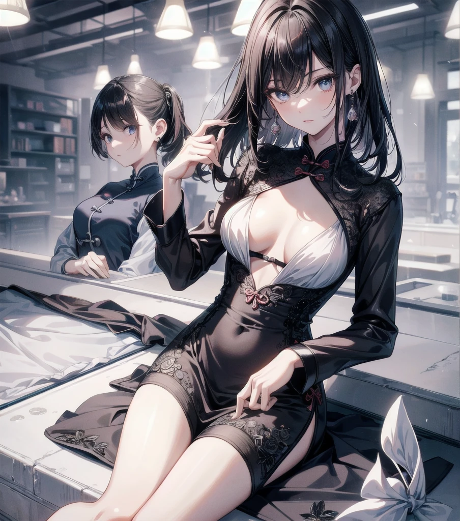 absurdres, RAW photo, extremely delicate and beautiful, masterpiece, Best Quality, ultra high resolution, 32k, hyperrealistic, ultra-detailed, Very detailed CG 8k wallpaper, Beautiful Lighting, Perfect Lightning, Realistic Shadows, perfect anatomy, super Detailed skin, perfect figure, Japanese woman, late 20s, very Slim body, narrow waist, very small head, handsome detailed woman, very detailed eyes and face, realistic face proportions, Stunning detailed eyes, Realistic beautiful face, very small face, Realistic small beautiful eyes, tearful mole, earring, beautiful and very thin legs, beautiful and very thin thighs, very huge round breasts, medium hair, black hair, whole body shot, (2girls:1.2), (yuri:1.2), (cheongsam:1.2),