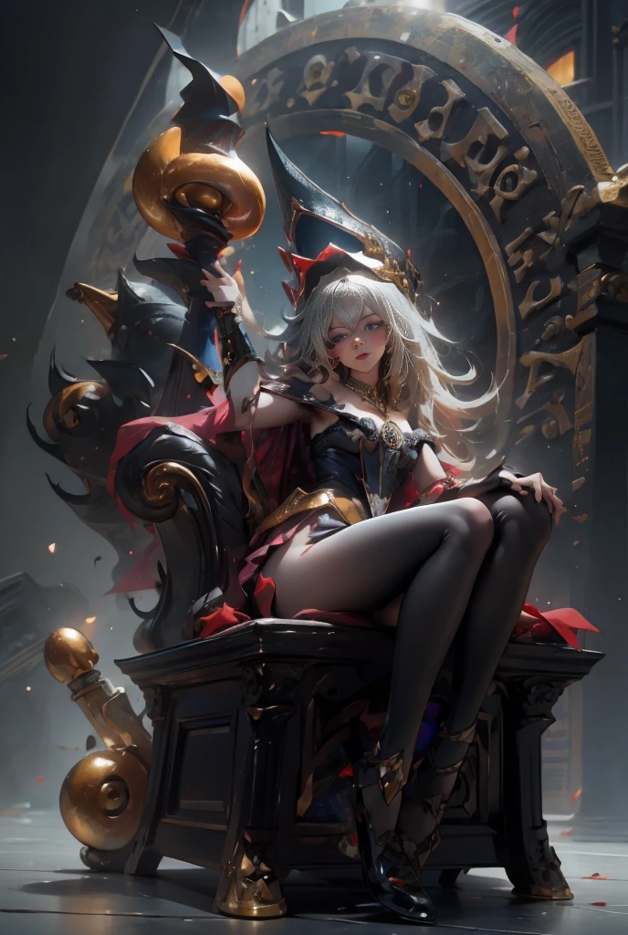 Dark magician gils with black gala dress. Wear dark tights. She wears red heels, has earrings. Wear necklaces. Long blonde hair. blue eyes. Red lips. Sensual and subjective pose. She is sitting on a golden throne. Castle Background. She has black heels and transparent stockings