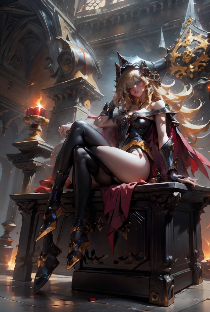 Dark magician gils with black gala dress. She wears red heels, has earrings. Wear necklaces. Long blonde hair. blue eyes. Red lips. Sensual and subjective pose. castle background