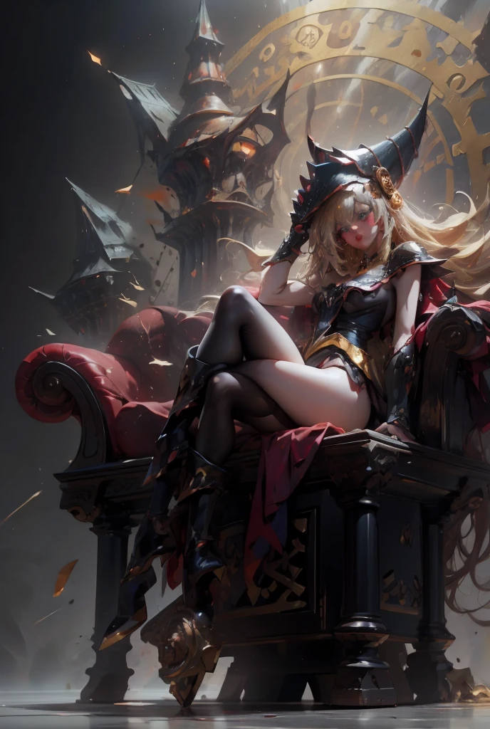Dark magician gils with black gala dress. Wear dark tights. She wears red heels, has earrings. Wear necklaces.  Long blonde hair. blue eyes. Red lips. Sensual and subjective pose. She is sitting on a golden throne. Castle Background. She has black heels and transparent stockings 